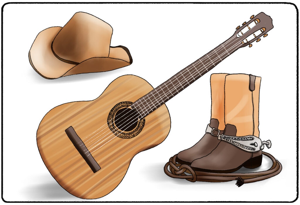 a cowboy hat, guitar, and cowboy boots