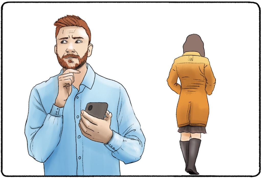 a man holding his phone looking confused while a woman walks away from him