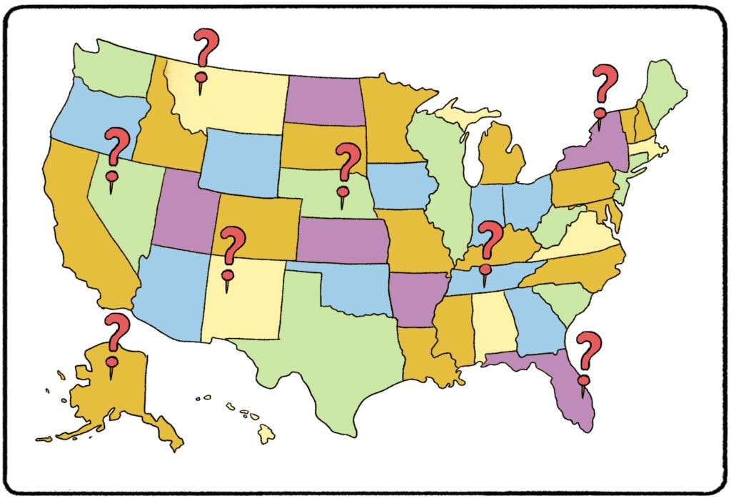 a map of the united states with red question marks above montana, new york, nevada, Nebraska, tennessee, and arizona, alaska, and florida