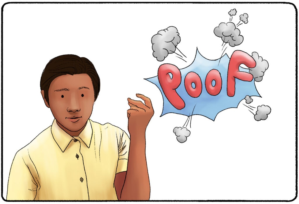 a man snapping his fingers next to a speech bubble that says "poof"