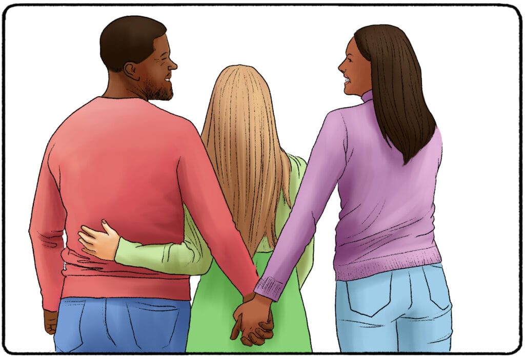 a guy with his arm around one woman and holding hands with another woman behind the first woman's back