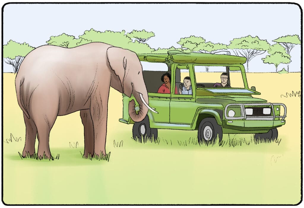 three people in a jeep on safari next to a big elephant